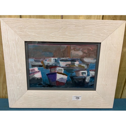 356 - Contemporary oil painting depicting a harbour scene signed TT. 26.5cm x 18.5cm