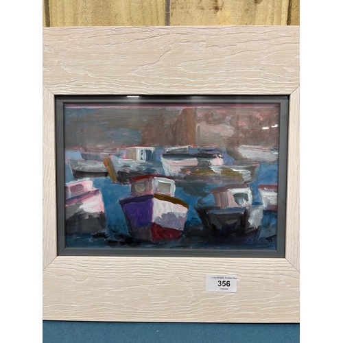 356 - Contemporary oil painting depicting a harbour scene signed TT. 26.5cm x 18.5cm