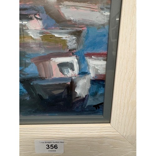 356 - Contemporary oil painting depicting a harbour scene signed TT. 26.5cm x 18.5cm
