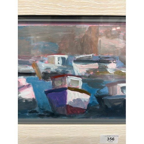 356 - Contemporary oil painting depicting a harbour scene signed TT. 26.5cm x 18.5cm