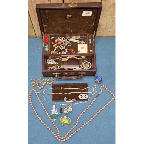 105A - Antique London made leather jewellery carry case containing art deco and later jewellery; Reja Sterl... 