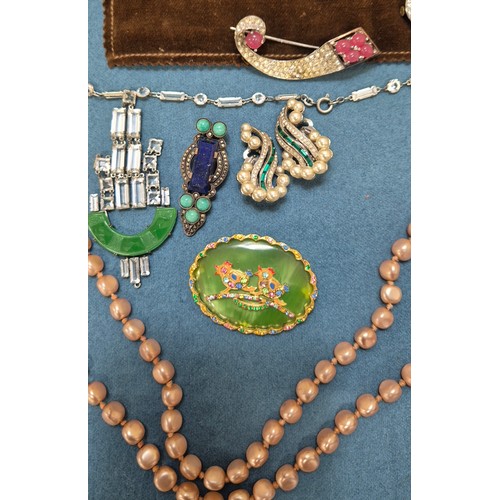 105A - Antique London made leather jewellery carry case containing art deco and later jewellery; Reja Sterl... 