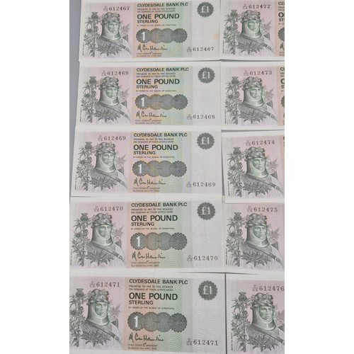 49 - A Lot of twenty One Consecutive Clydesdale Bank Plc one pound bank notes. 1985. 