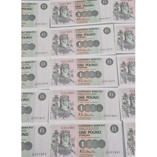 49 - A Lot of twenty One Consecutive Clydesdale Bank Plc one pound bank notes. 1985. 