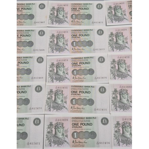 49 - A Lot of twenty One Consecutive Clydesdale Bank Plc one pound bank notes. 1985. 