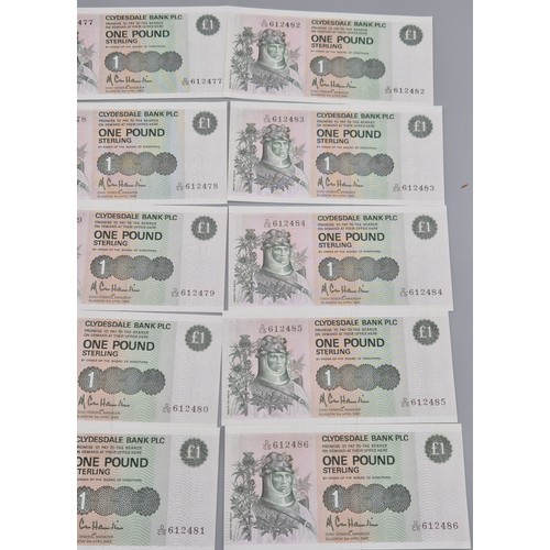 49 - A Lot of twenty One Consecutive Clydesdale Bank Plc one pound bank notes. 1985. 