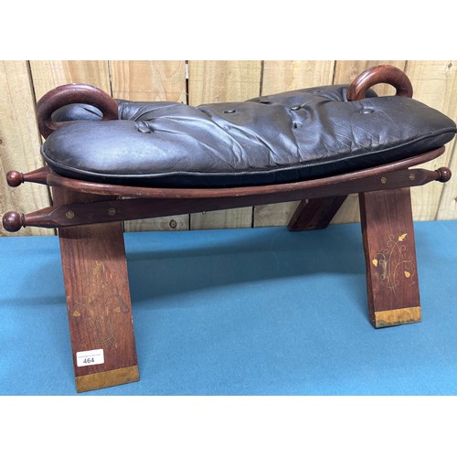464 - Vintage Indian Rosewood and leather camel stool. Having brass inlays.