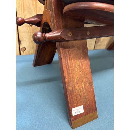 464 - Vintage Indian Rosewood and leather camel stool. Having brass inlays.
