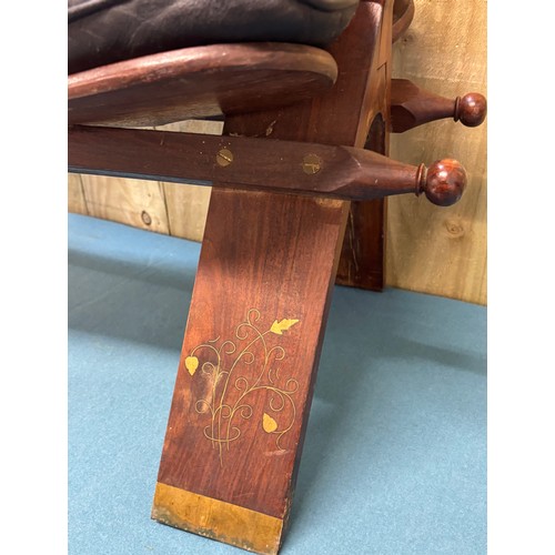 464 - Vintage Indian Rosewood and leather camel stool. Having brass inlays.