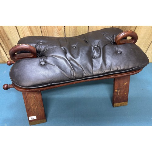 464 - Vintage Indian Rosewood and leather camel stool. Having brass inlays.