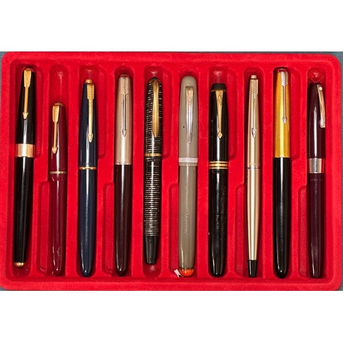 93 - A Collection of ten Vintage Fountain Pens; Black Parker 17- 14ct nib, Burgundy Parker Lady- 14ct nib... 