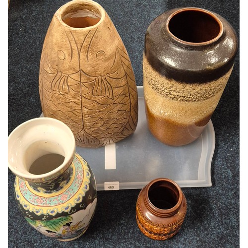 469 - Tray of collectables; Pottery fish design vase, Two West German pottery vases and Chinese vase.