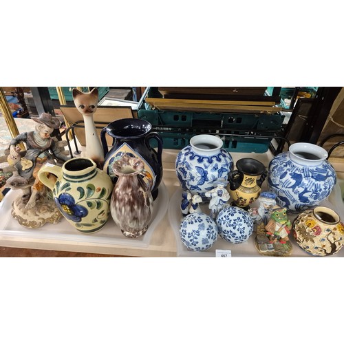 467 - Two trays of collectable odds; Indian tree vase, Figure on bench, cat sculpture and blue and white v... 