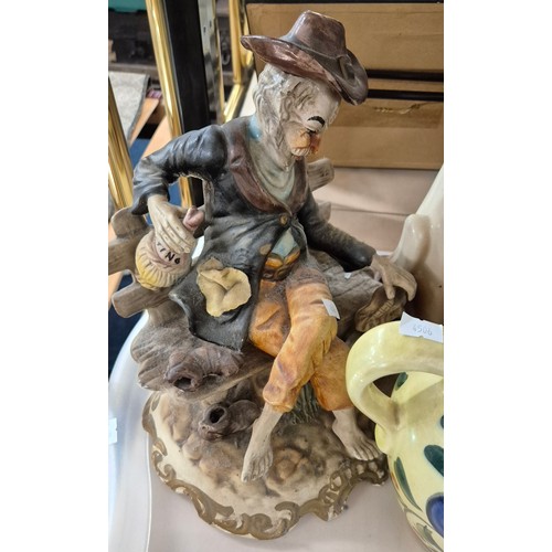 467 - Two trays of collectable odds; Indian tree vase, Figure on bench, cat sculpture and blue and white v... 