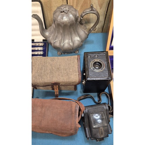 350A - Selection of collectables; boxed silver plated cutlery, pewter tea pot, Ensign Ful-Vue camera and Co... 