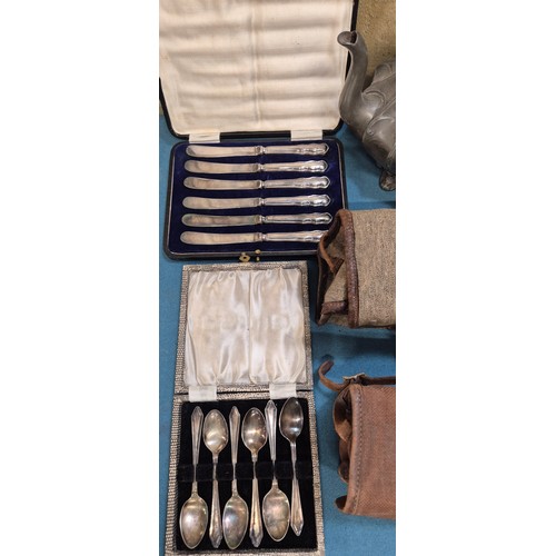 350A - Selection of collectables; boxed silver plated cutlery, pewter tea pot, Ensign Ful-Vue camera and Co... 