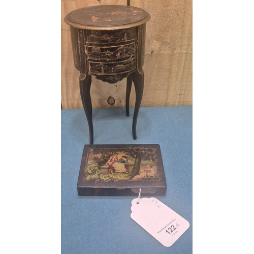 122A - Regency Paper Mache trinket box together with an oriental miniature side table with three drawers fi... 
