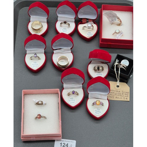 124A - A Collection of silver and costume jewellery; Tray of silver rings, costume necklaces and earrings.