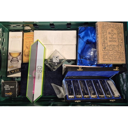 143 - Crate of collectables items; set of ten hole suite of Harmonicas, Timex 80 watch, Whisky item.