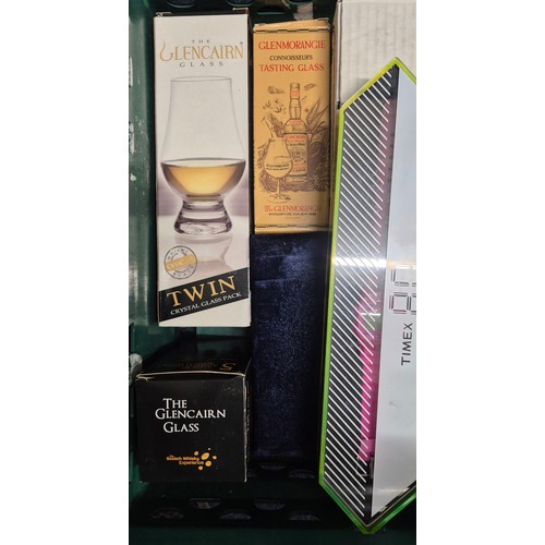 143 - Crate of collectables items; set of ten hole suite of Harmonicas, Timex 80 watch, Whisky item.