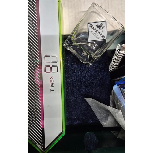 143 - Crate of collectables items; set of ten hole suite of Harmonicas, Timex 80 watch, Whisky item.