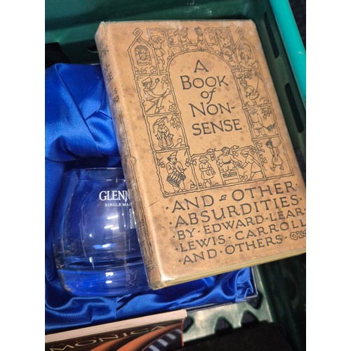 143 - Crate of collectables items; set of ten hole suite of Harmonicas, Timex 80 watch, Whisky item.