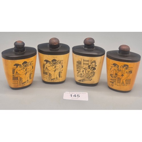 145 - Collection of Four Chinese Erotic Scene Perfume bottles. Made from bone and wood.