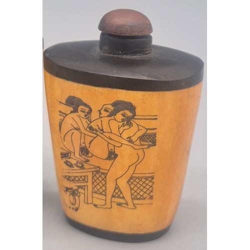 145 - Collection of Four Chinese Erotic Scene Perfume bottles. Made from bone and wood.
