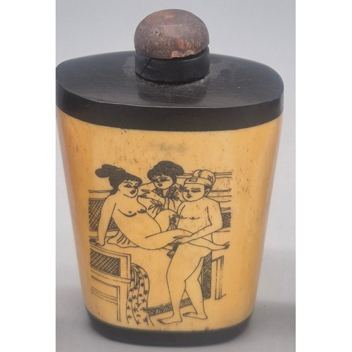 145 - Collection of Four Chinese Erotic Scene Perfume bottles. Made from bone and wood.