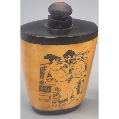 145 - Collection of Four Chinese Erotic Scene Perfume bottles. Made from bone and wood.