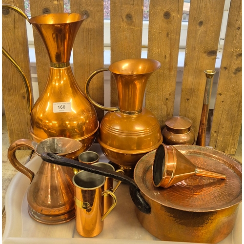 160 - Collection of antique and vintage copper wares; Water jugs, antique pint measure jug, pot & other it... 