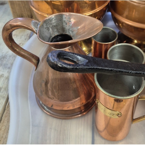 160 - Collection of antique and vintage copper wares; Water jugs, antique pint measure jug, pot & other it... 