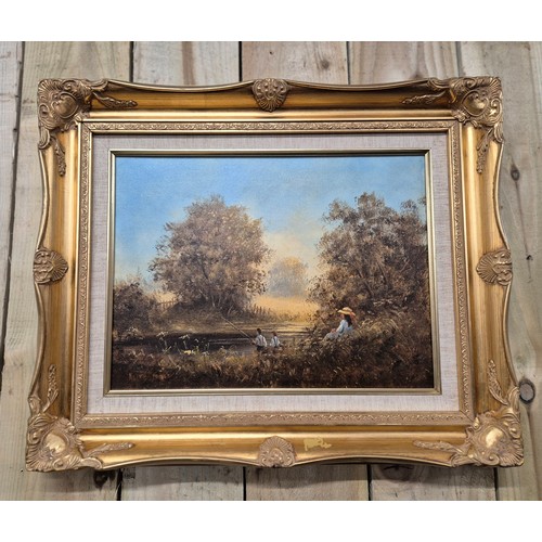 161 - Keith Jones (Canadian)
Two original oil paintings on canvas. Depicting girl watching boy fish. Signe... 