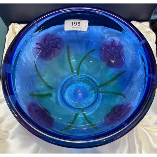 195 - Boxed Caithness Blue Glass Thistle Pattern Bowl Commissioned by bank of Scotland with Display Box to... 