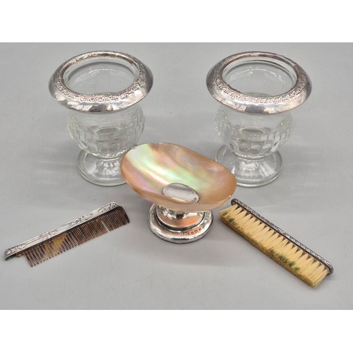 142A - A Selection of silver items; Birmingham silver and mother of pearl shell salt dish. Silver miniature... 