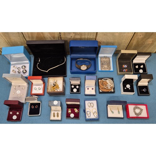 143A - Crate of Silver and costume jewellery; Rotary Watch, Silver necklace. Silver Art deco ring with blue... 
