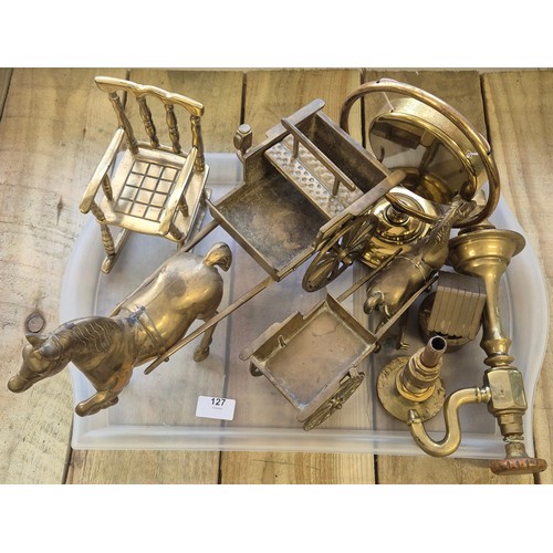 Tray of brass wares; Horse and carts, antique brass heavy basin tap ...