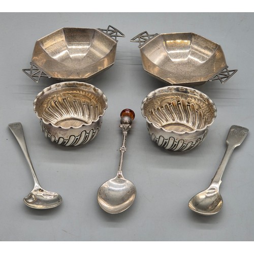 19 - A Collection of silver items; Pair of Sheffield silver art deco two handle condiment pots. Pair of S... 