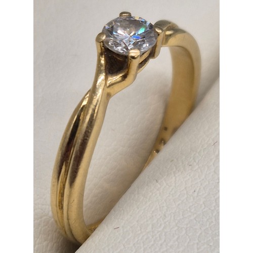 52 - 18ct yellow gold and diamond solitaire ring. Single round cut diamond. 0.21cts. 2.63grams. Ring size... 