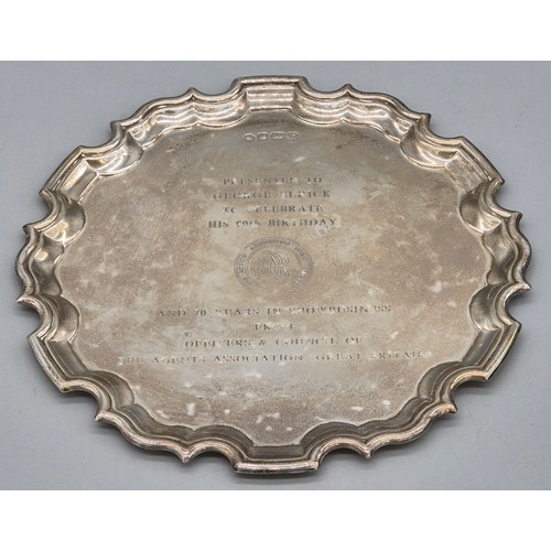 44 - Sheffield Silver Card Tray. Pie Crust Edge. Having Engraved presentation to surface top. 322grams. 2... 