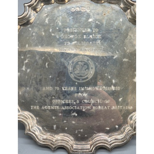 44 - Sheffield Silver Card Tray. Pie Crust Edge. Having Engraved presentation to surface top. 322grams. 2... 