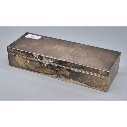 43 - Large London Silver Cigar Box, Engraved with initials G.E. to the cartouche of the lid. Produced by ... 