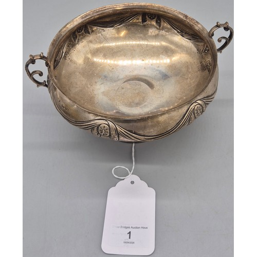 1 - London Silver two handle raised bowl. 372Grams. 12x22x18.5xm