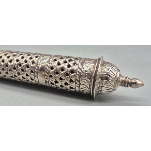 8 - 900 grade silver scroll holder. Marked 900. 19.5cm length. 130.48grams.