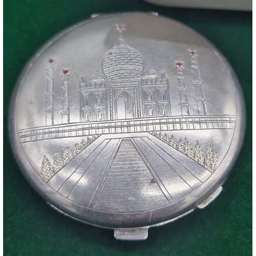 10 - A Collection of silver items; Sterling silver compact with Taj Mahal engraved to front- fitted with ... 