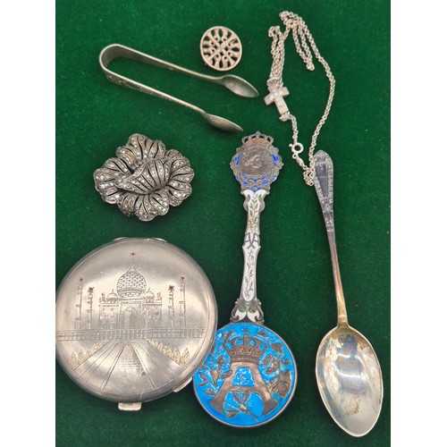 10 - A Collection of silver items; Sterling silver compact with Taj Mahal engraved to front- fitted with ... 