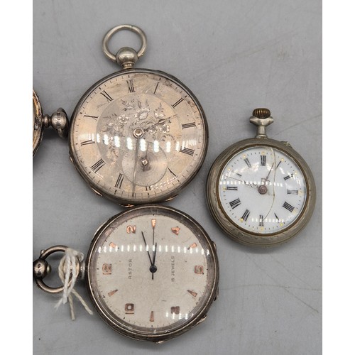 16 - A Selection of silver fob pocket watches; includes small plated art nouveau design pocket watch. Unc... 
