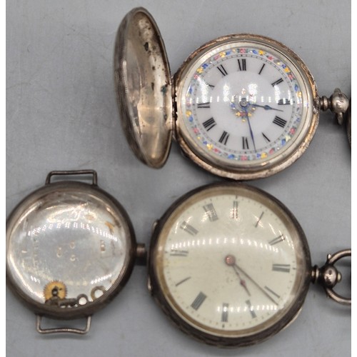 16 - A Selection of silver fob pocket watches; includes small plated art nouveau design pocket watch. Unc... 