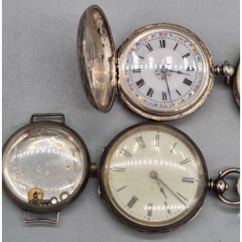 16 - A Selection of silver fob pocket watches; includes small plated art nouveau design pocket watch. Unc... 