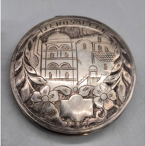 15 - A Selection of silver items; 833 silver Jerusalem compact, Silver funnel, Bham silver thimble, Victo... 